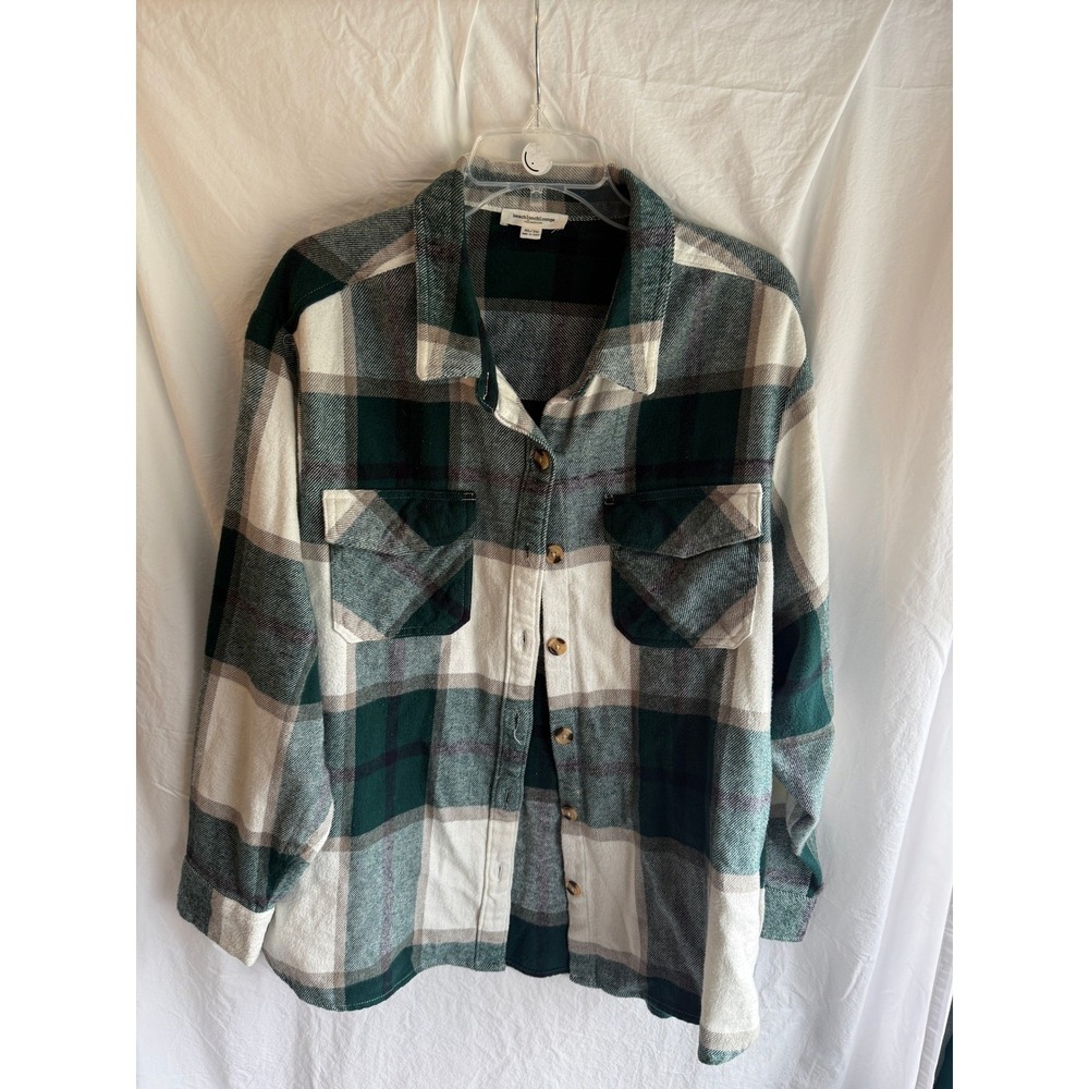 Beachlunchlounge Collection Plaid Flannel Shirt Green Cream XL Button Down